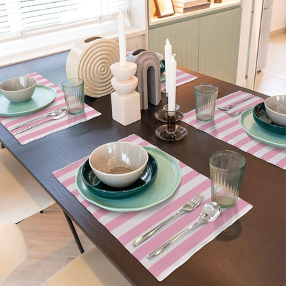 Stripe Placemat Set, Vertical Pink White Stripes Pattern Home Decor Linen Table Mats for Dining Room Kitchens Party Cafe Festive Banquet Wedding Decor, 18" L x 12" W【4 PCS】