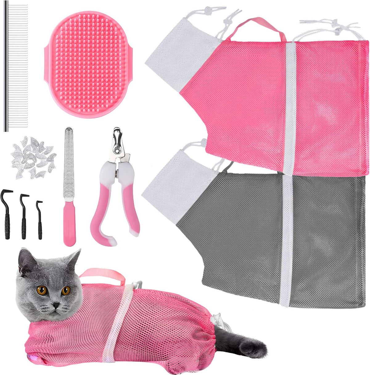 10PCS Cat Bathing Bag Adjustable Shower Washing Net Grooming Set
