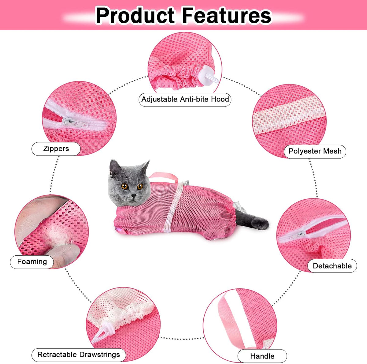 10PCS Cat Bathing Bag Adjustable Shower Washing Net Grooming Set