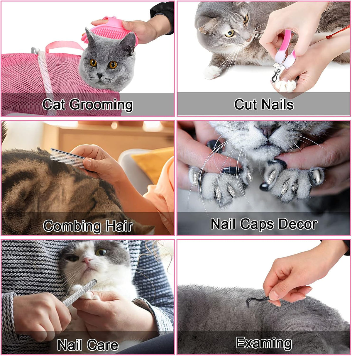 10PCS Cat Bathing Bag Adjustable Shower Washing Net Grooming Set