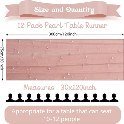 12 Pack 10FT Pearl Table Runner 30x120 Inch Dusty Pink Tulle Fabric Boho Rustic Sheer Table Runners Lace Table Cloth for Wedding Bridal Shower Birthday Party Arch Veil Dessert Table Decor (Dusty Pink)