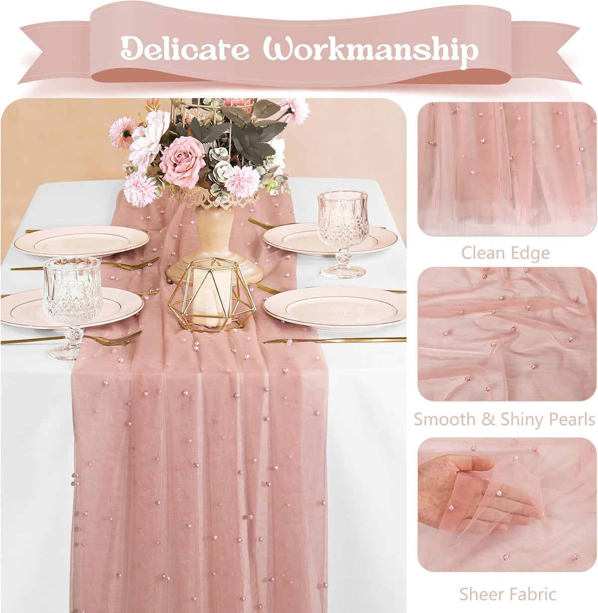 12 Pack 10FT Pearl Table Runner 30x120 Inch Dusty Pink Tulle Fabric Boho Rustic Sheer Table Runners Lace Table Cloth for Wedding Bridal Shower Birthday Party Arch Veil Dessert Table Decor (Dusty Pink)