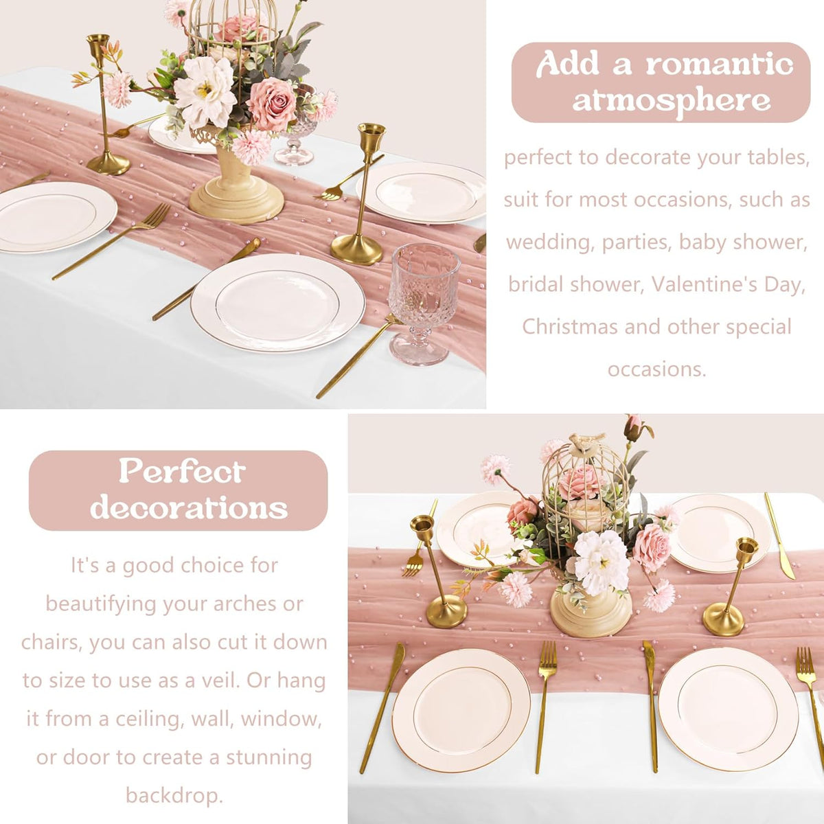12 Pack 10FT Pearl Table Runner 30x120 Inch Dusty Pink Tulle Fabric Boho Rustic Sheer Table Runners Lace Table Cloth for Wedding Bridal Shower Birthday Party Arch Veil Dessert Table Decor (Dusty Pink)
