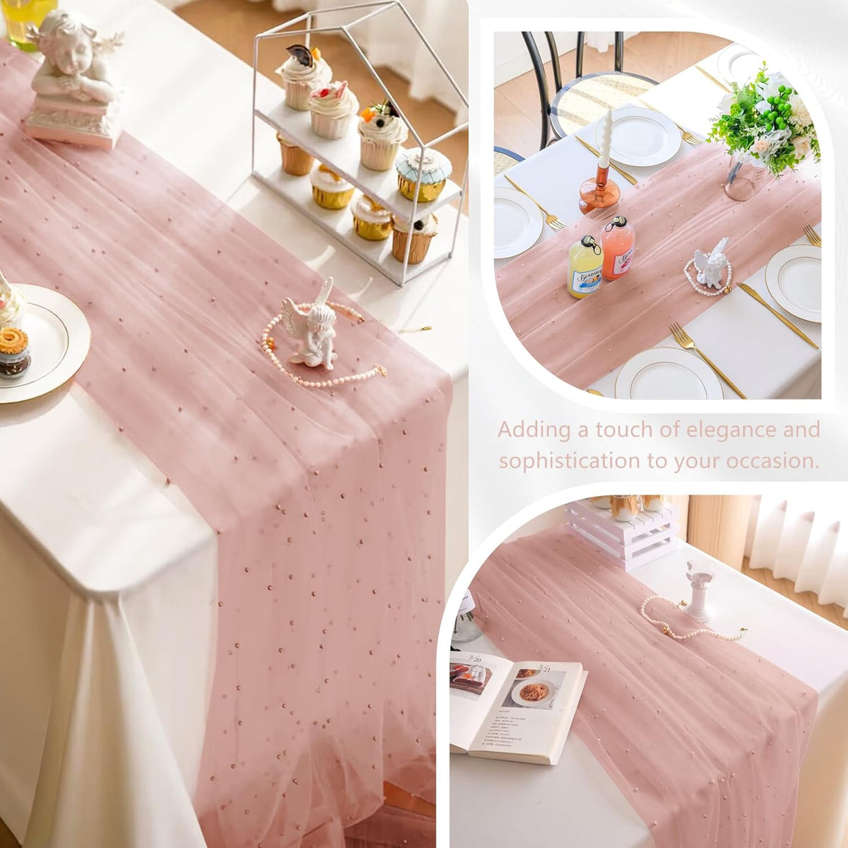 12 Pack 10FT Pearl Table Runner 30x120 Inch Dusty Pink Tulle Fabric Boho Rustic Sheer Table Runners Lace Table Cloth for Wedding Bridal Shower Birthday Party Arch Veil Dessert Table Decor (Dusty Pink)