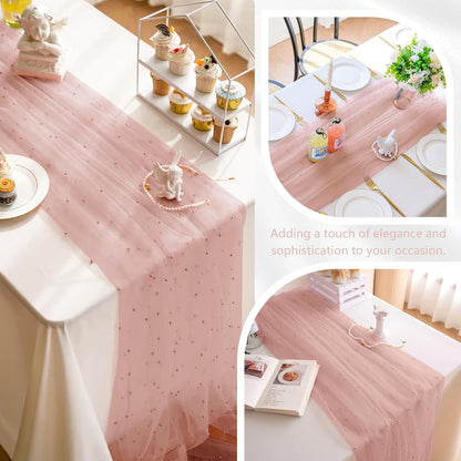 12 Pack 10FT Pearl Table Runner 30x120 Inch Dusty Pink Tulle Fabric Boho Rustic Sheer Table Runners Lace Table Cloth for Wedding Bridal Shower Birthday Party Arch Veil Dessert Table Decor (Dusty Pink)