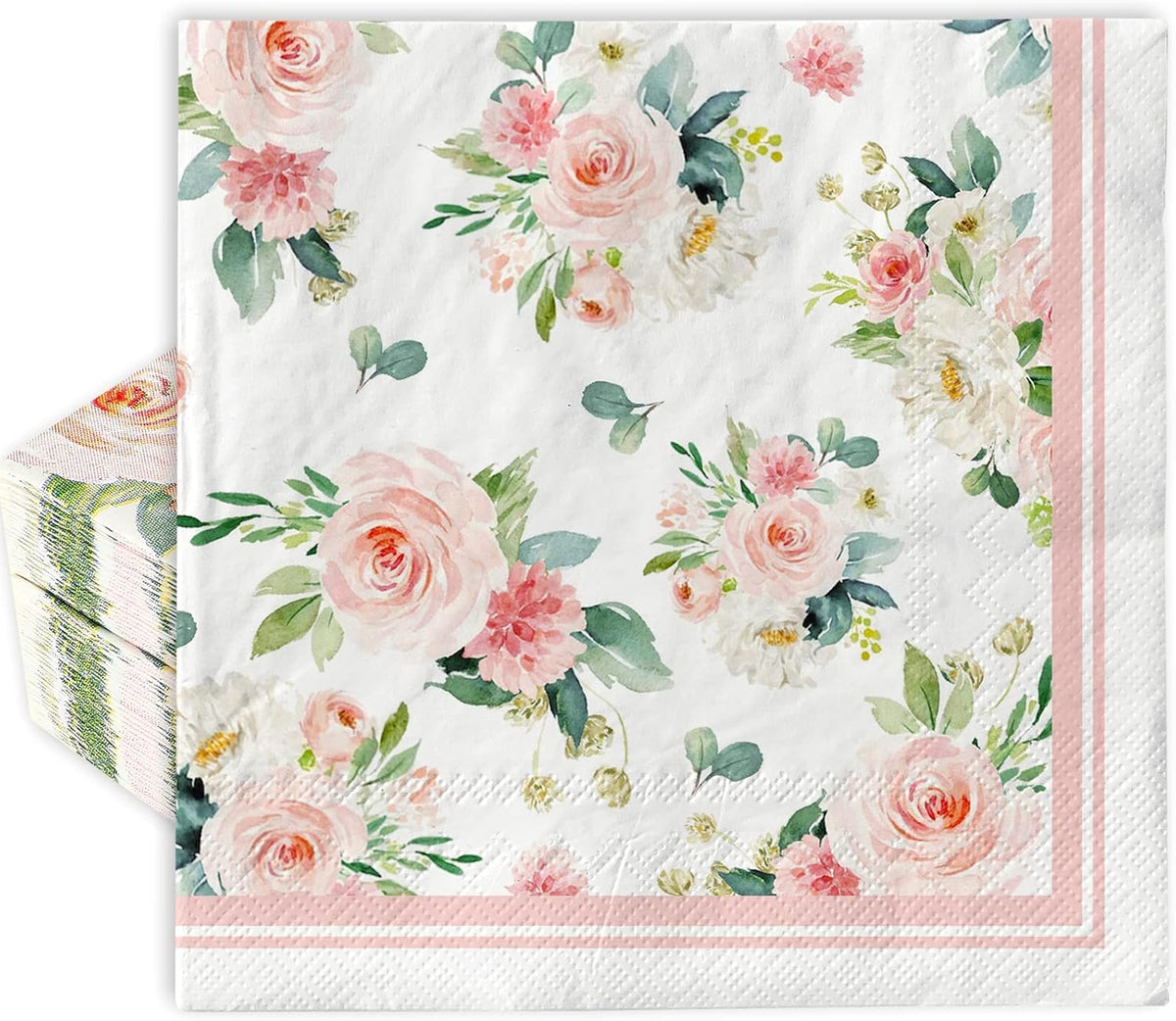 80 Pack Floral Paper Napkins Disposable Wedding Luncheon Napkins Watercolor Pink Flower Blossom Dessert Dinner Hand Napkin for Tea Birthday Party Bridal Shower Table Supplies