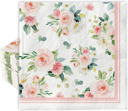 80 Pack Floral Paper Napkins Disposable Wedding Luncheon Napkins Watercolor Pink Flower Blossom Dessert Dinner Hand Napkin for Tea Birthday Party Bridal Shower Table Supplies