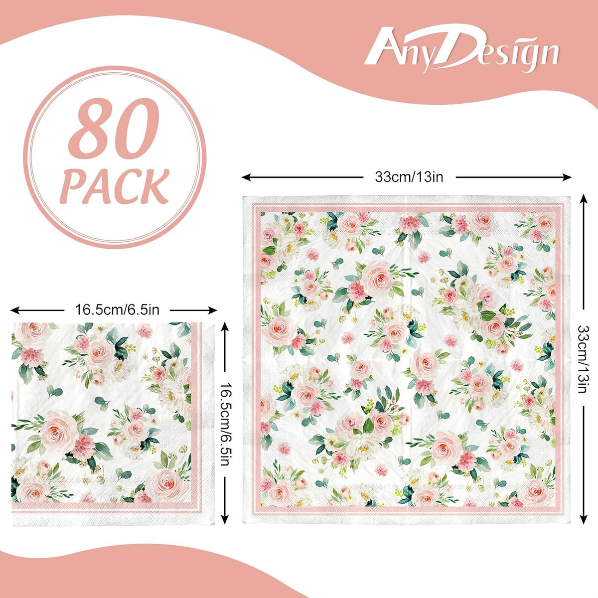80 Pack Floral Paper Napkins Disposable Wedding Luncheon Napkins Watercolor Pink Flower Blossom Dessert Dinner Hand Napkin for Tea Birthday Party Bridal Shower Table Supplies
