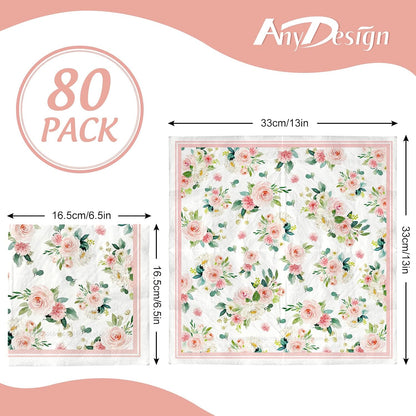 80 Pack Floral Paper Napkins Disposable Wedding Luncheon Napkins Watercolor Pink Flower Blossom Dessert Dinner Hand Napkin for Tea Birthday Party Bridal Shower Table Supplies