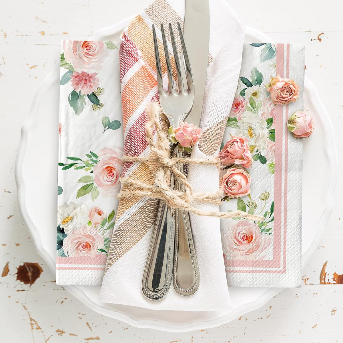 80 Pack Floral Paper Napkins Disposable Wedding Luncheon Napkins Watercolor Pink Flower Blossom Dessert Dinner Hand Napkin for Tea Birthday Party Bridal Shower Table Supplies