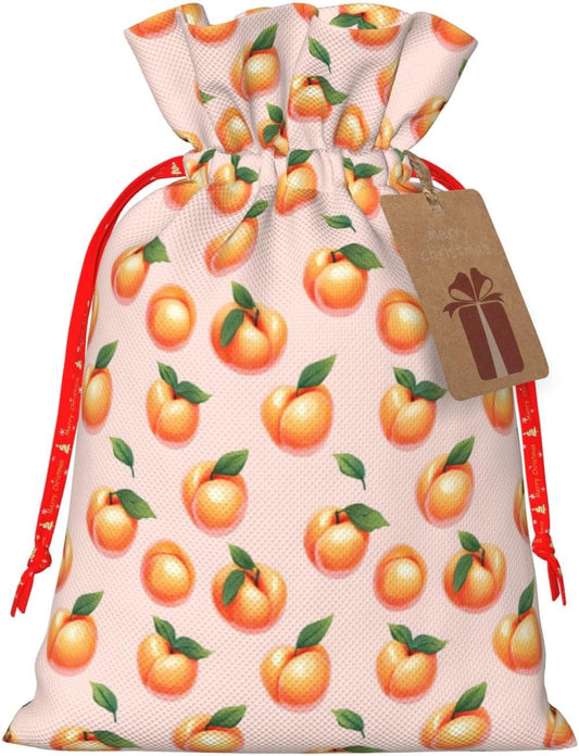 Bright Peach Print Gift Bags, Reusable Drawstring Christmas Gift Bags with Gifts Tag for Birthday Xmas Holiday Party Supplies, Christmas Decorations