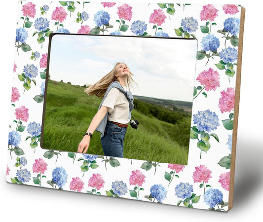 Pink and Blue Hydrangea Floral Picture Frame 4x6, Grandmillennial Home Decor, Rustic Cottagecore Botanical Flower Picture Photo Frame for Home Bedroom Office Tabletop Desk Shelf Decoration