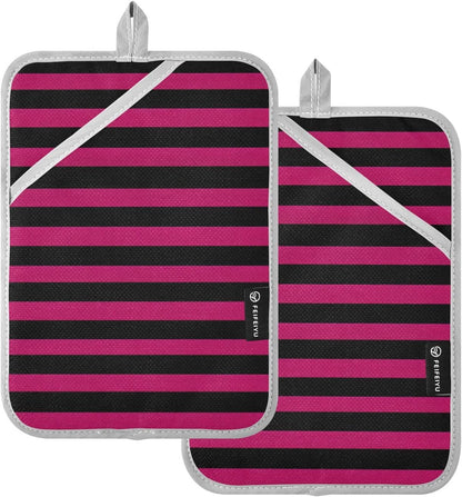 Pot Holder 2 Pack Set Hot Pads Potholders with Pockets Heat Resistant Square Quilted Oven Hot Pads Trivets for Kitchen Cooking Baking Pink Black Stripes