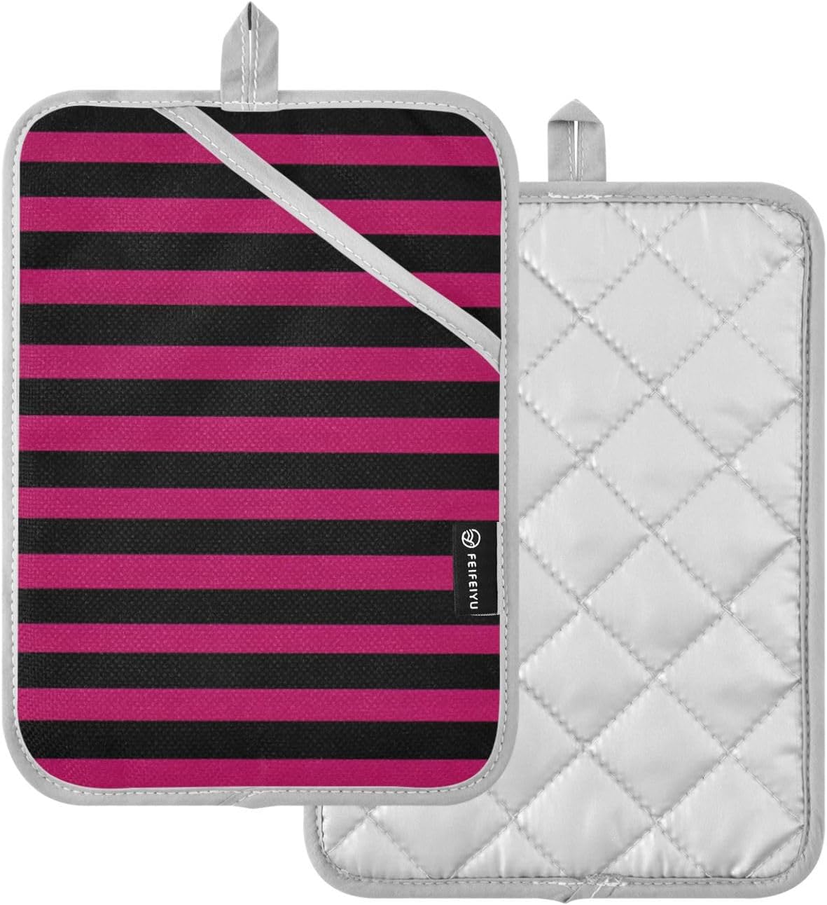 Pot Holder 2 Pack Set Hot Pads Potholders with Pockets Heat Resistant Square Quilted Oven Hot Pads Trivets for Kitchen Cooking Baking Pink Black Stripes