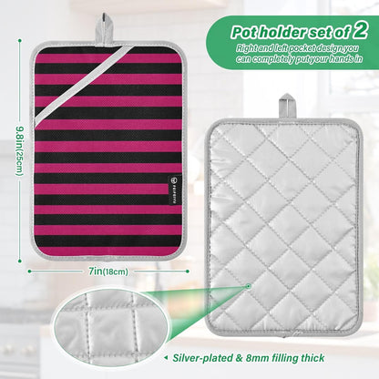 Pot Holder 2 Pack Set Hot Pads Potholders with Pockets Heat Resistant Square Quilted Oven Hot Pads Trivets for Kitchen Cooking Baking Pink Black Stripes