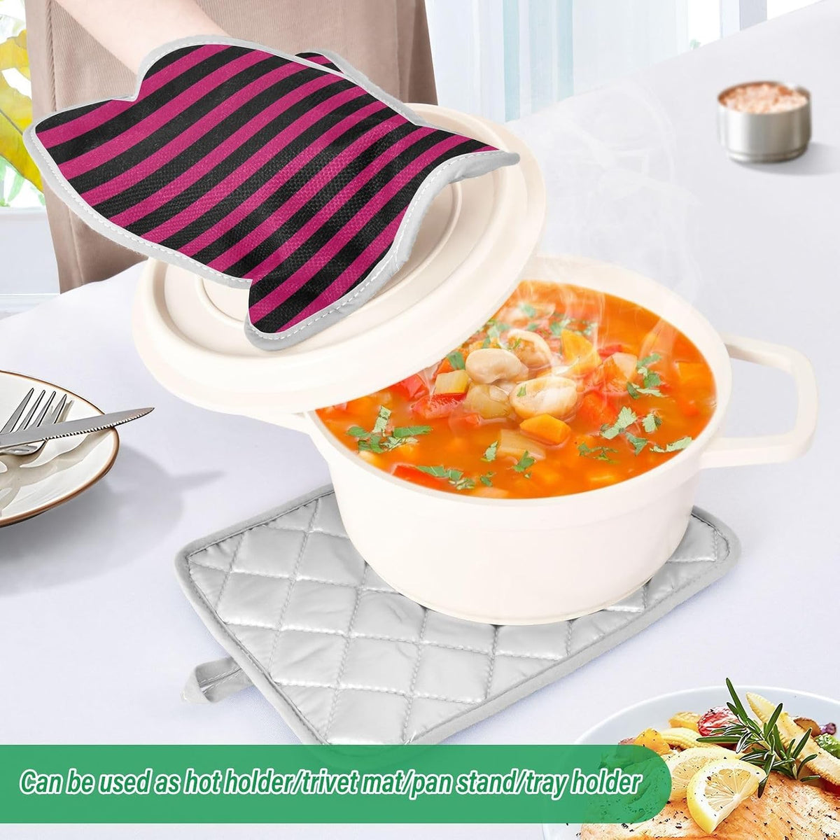 Pot Holder 2 Pack Set Hot Pads Potholders with Pockets Heat Resistant Square Quilted Oven Hot Pads Trivets for Kitchen Cooking Baking Pink Black Stripes