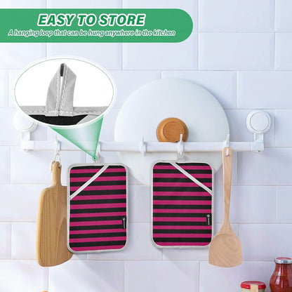 Pot Holder 2 Pack Set Hot Pads Potholders with Pockets Heat Resistant Square Quilted Oven Hot Pads Trivets for Kitchen Cooking Baking Pink Black Stripes