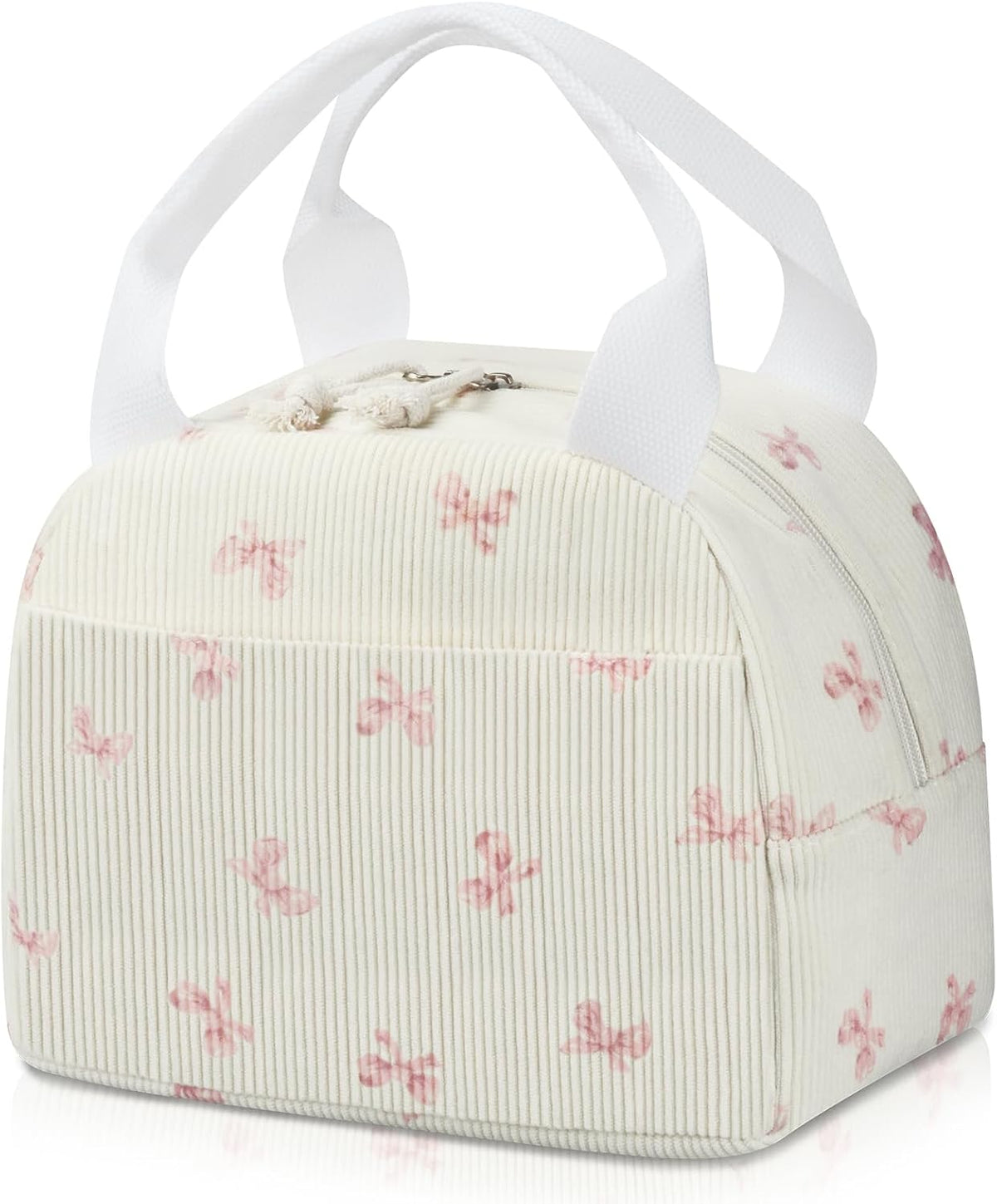 Insulated Lunch Bag for Women, Reusable Corduroy Cute Lunch Box, Leakproof Floral Lunch Tote Bag with Large Capacity, Small Cooler Lunch Container for Work Office Travel Picnic (Beige Bow)