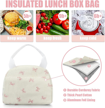 Insulated Lunch Bag for Women, Reusable Corduroy Cute Lunch Box, Leakproof Floral Lunch Tote Bag with Large Capacity, Small Cooler Lunch Container for Work Office Travel Picnic (Beige Bow)