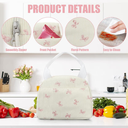 Insulated Lunch Bag for Women, Reusable Corduroy Cute Lunch Box, Leakproof Floral Lunch Tote Bag with Large Capacity, Small Cooler Lunch Container for Work Office Travel Picnic (Beige Bow)