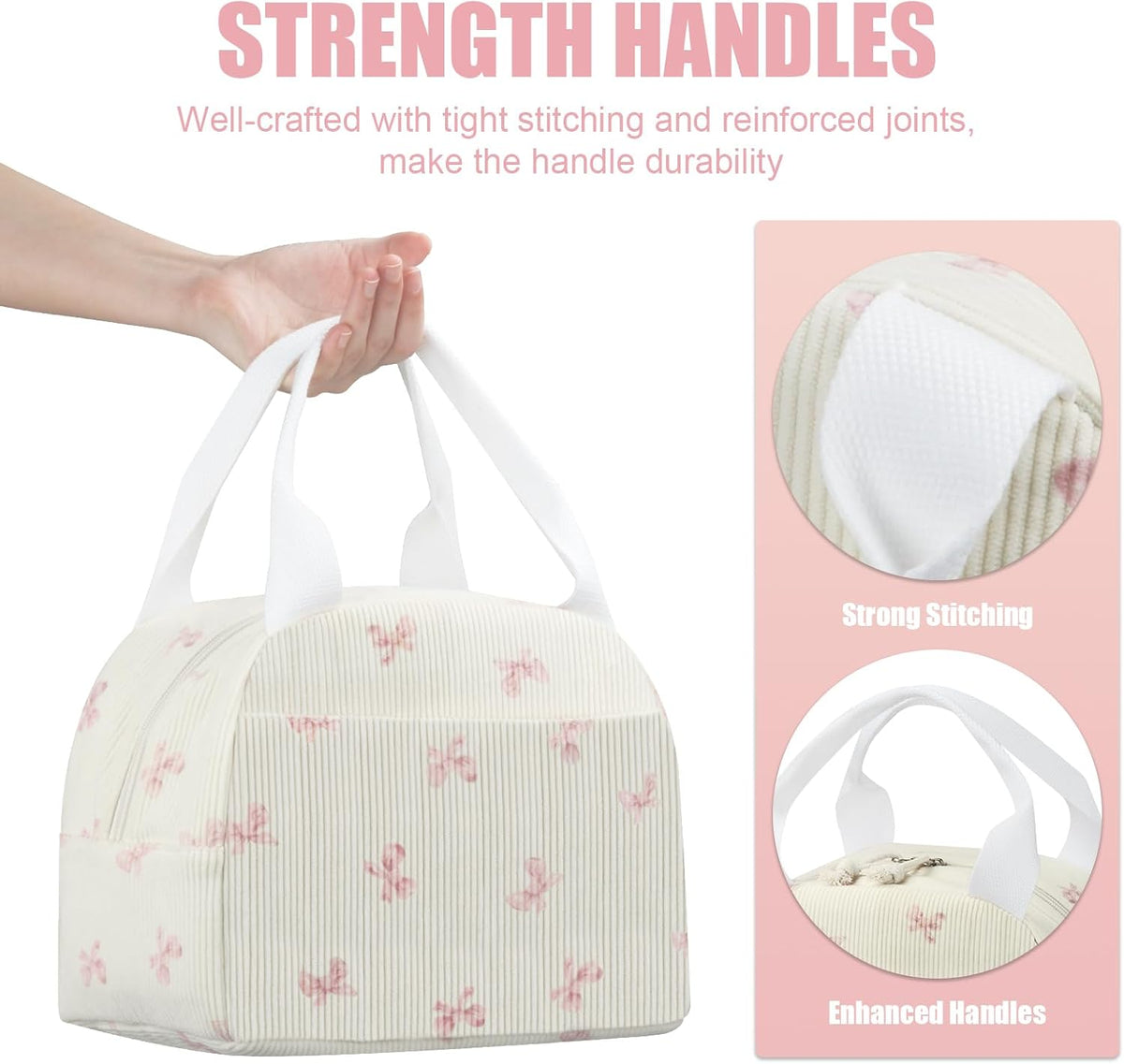 Insulated Lunch Bag for Women, Reusable Corduroy Cute Lunch Box, Leakproof Floral Lunch Tote Bag with Large Capacity, Small Cooler Lunch Container for Work Office Travel Picnic (Beige Bow)