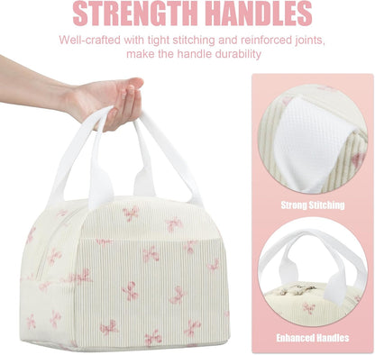 Insulated Lunch Bag for Women, Reusable Corduroy Cute Lunch Box, Leakproof Floral Lunch Tote Bag with Large Capacity, Small Cooler Lunch Container for Work Office Travel Picnic (Beige Bow)