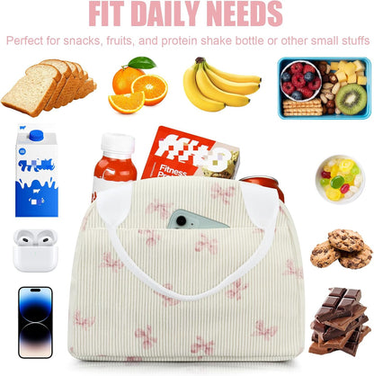 Insulated Lunch Bag for Women, Reusable Corduroy Cute Lunch Box, Leakproof Floral Lunch Tote Bag with Large Capacity, Small Cooler Lunch Container for Work Office Travel Picnic (Beige Bow)