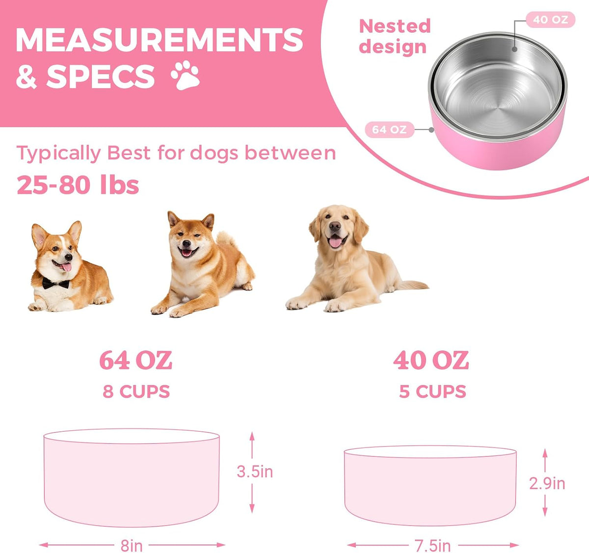 2 Pack Stainless Steel Dog Bowls,Outdoor Dog Water Bowl and Food Bowl,Pink