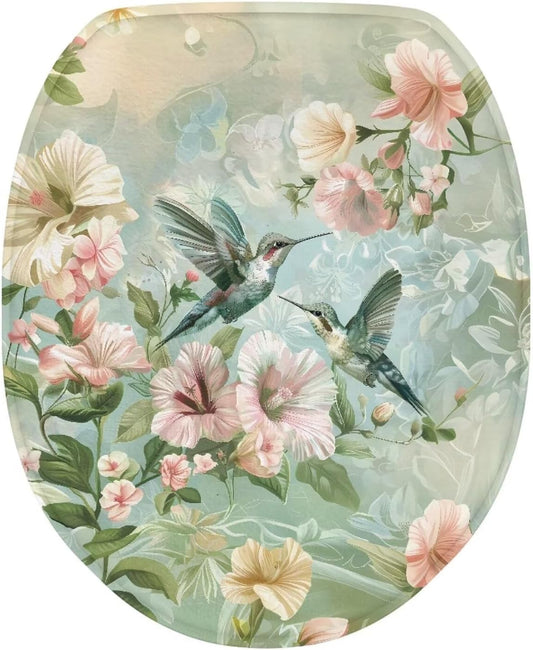 Green Hummingbird Toilet Seat Covers - Pink Flower Sets for Oblong & Round Toilets