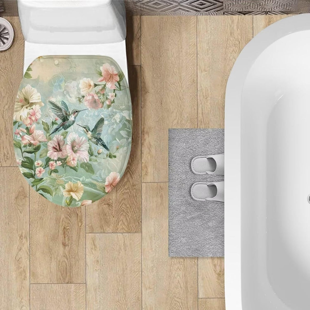 Green Hummingbird Toilet Seat Covers - Pink Flower Sets for Oblong & Round Toilets