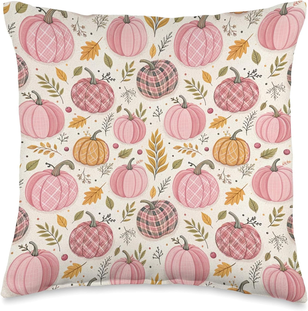Pink Pumpkins, Fall Leaves, Plaid, Autumn Season Decoration Throw Pillow