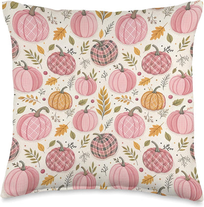 Pink Pumpkins, Fall Leaves, Plaid, Autumn Season Decoration Throw Pillow
