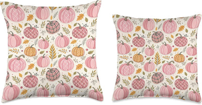 Pink Pumpkins, Fall Leaves, Plaid, Autumn Season Decoration Throw Pillow
