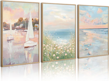 Pink Coastal Wall Art Coquette Beach Canvas Poster Summer Beachy Wall Decor Trendy Pastel Ocean Pictures Preppy Aesthetic Painting Wildflower Prints Sailboat Artwork for Bedroom 12x16 Inch Unframed