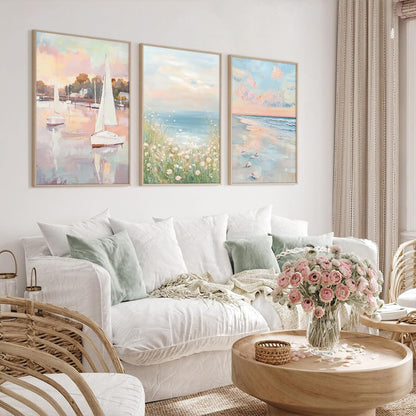 Pink Coastal Wall Art Coquette Beach Canvas Poster Summer Beachy Wall Decor Trendy Pastel Ocean Pictures Preppy Aesthetic Painting Wildflower Prints Sailboat Artwork for Bedroom 12x16 Inch Unframed