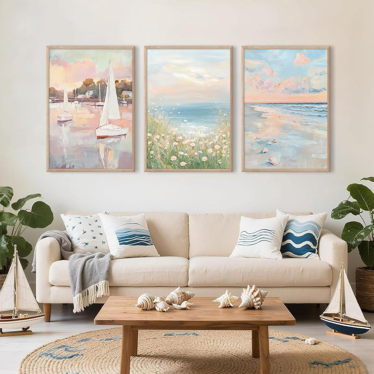 Pink Coastal Wall Art Coquette Beach Canvas Poster Summer Beachy Wall Decor Trendy Pastel Ocean Pictures Preppy Aesthetic Painting Wildflower Prints Sailboat Artwork for Bedroom 12x16 Inch Unframed