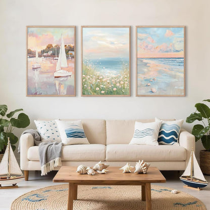 Pink Coastal Wall Art Coquette Beach Canvas Poster Summer Beachy Wall Decor Trendy Pastel Ocean Pictures Preppy Aesthetic Painting Wildflower Prints Sailboat Artwork for Bedroom 12x16 Inch Unframed