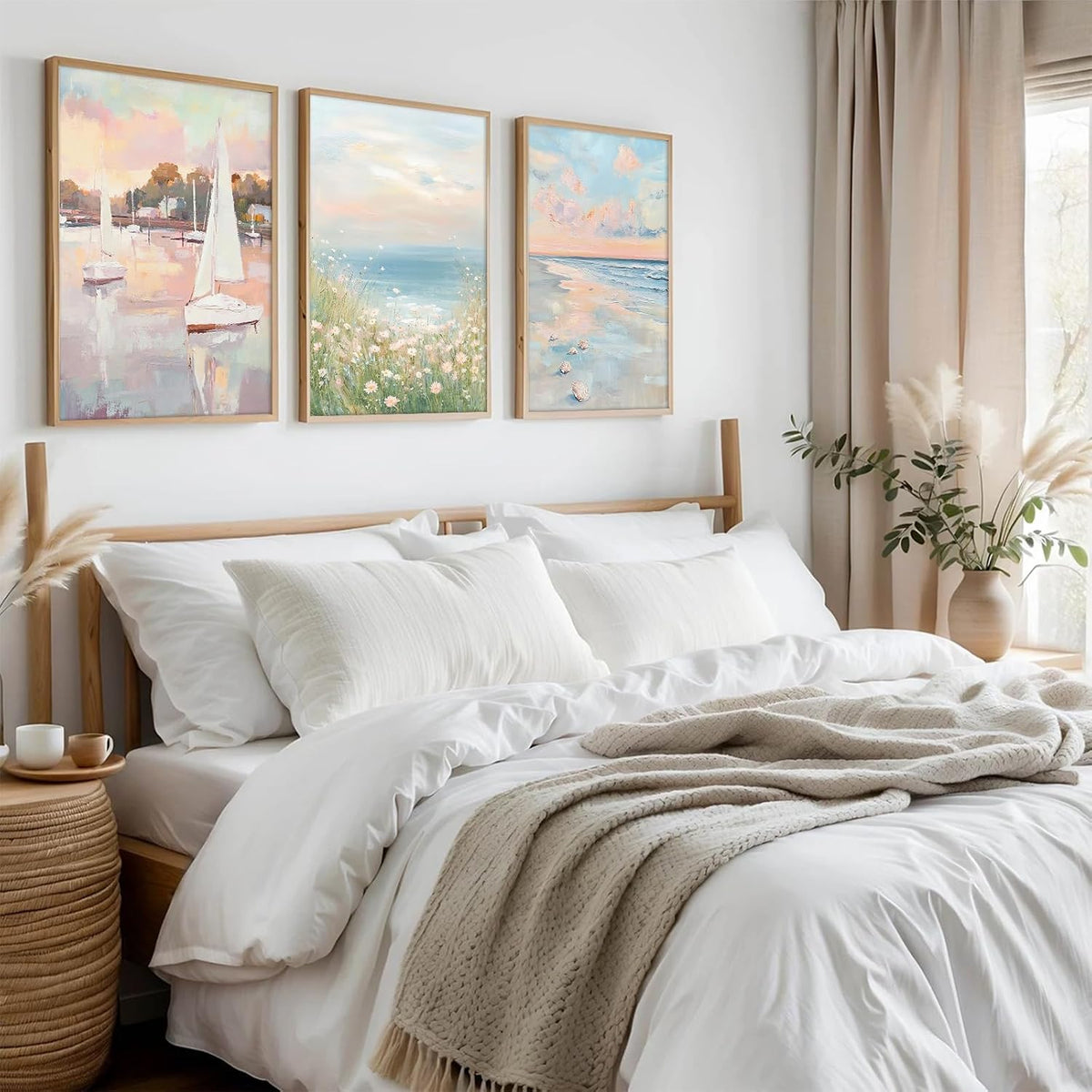 Pink Coastal Wall Art Coquette Beach Canvas Poster Summer Beachy Wall Decor Trendy Pastel Ocean Pictures Preppy Aesthetic Painting Wildflower Prints Sailboat Artwork for Bedroom 12x16 Inch Unframed