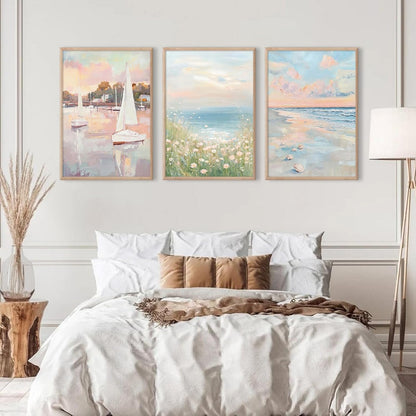 Pink Coastal Wall Art Coquette Beach Canvas Poster Summer Beachy Wall Decor Trendy Pastel Ocean Pictures Preppy Aesthetic Painting Wildflower Prints Sailboat Artwork for Bedroom 12x16 Inch Unframed