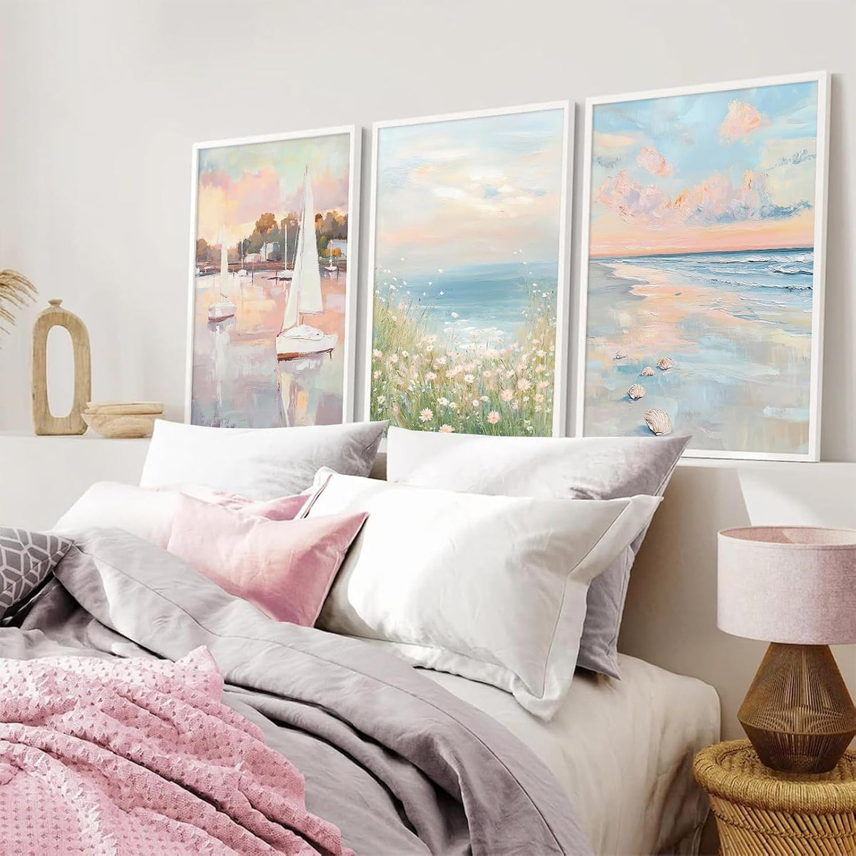 Pink Coastal Wall Art Coquette Beach Canvas Poster Summer Beachy Wall Decor Trendy Pastel Ocean Pictures Preppy Aesthetic Painting Wildflower Prints Sailboat Artwork for Bedroom 12x16 Inch Unframed