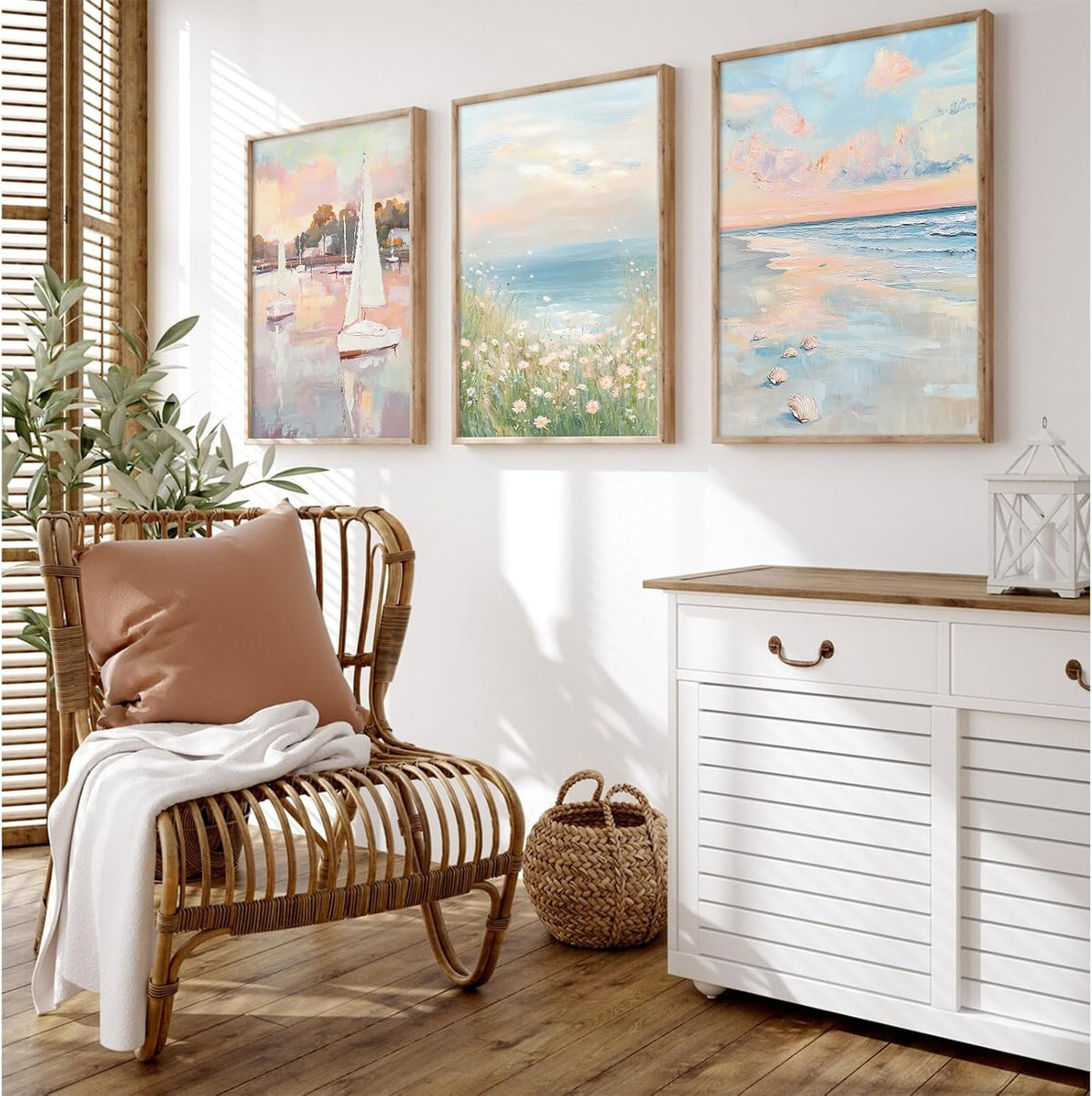 Pink Coastal Wall Art Coquette Beach Canvas Poster Summer Beachy Wall Decor Trendy Pastel Ocean Pictures Preppy Aesthetic Painting Wildflower Prints Sailboat Artwork for Bedroom 12x16 Inch Unframed