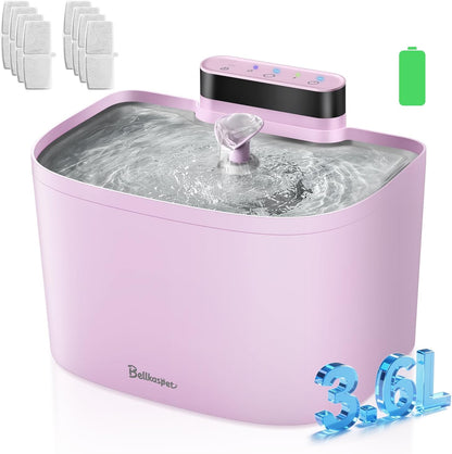 Cat Water Fountain, Battery Operated Wireless Cat Fountain, 122oz/3.6L Pumpless Water Fountains for Cats Indoor with Stainless Steel Tray, Dog and Pet Water Fountain (Pink, Fountain+8 Fliters)