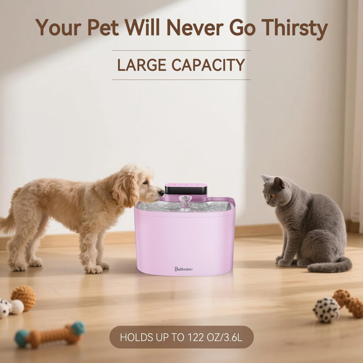 Cat Water Fountain, Battery Operated Wireless Cat Fountain, 122oz/3.6L Pumpless Water Fountains for Cats Indoor with Stainless Steel Tray, Dog and Pet Water Fountain (Pink, Fountain+8 Fliters)