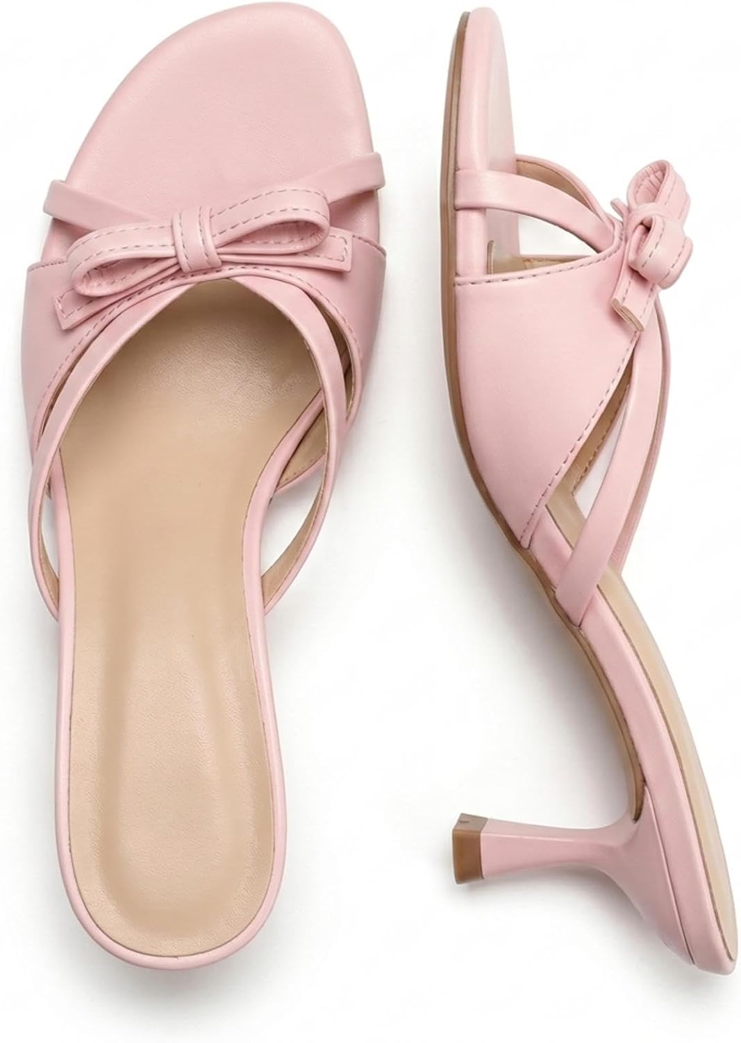 Women’s Round Open Toe Heeled Sandals Bow Knot Low Kitten Heels Comfortable Slip On Slides Wedding Dress Slipper Pumps Shoes
