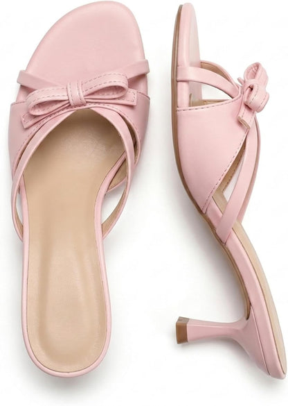 Women’s Round Open Toe Heeled Sandals Bow Knot Low Kitten Heels Comfortable Slip On Slides Wedding Dress Slipper Pumps Shoes