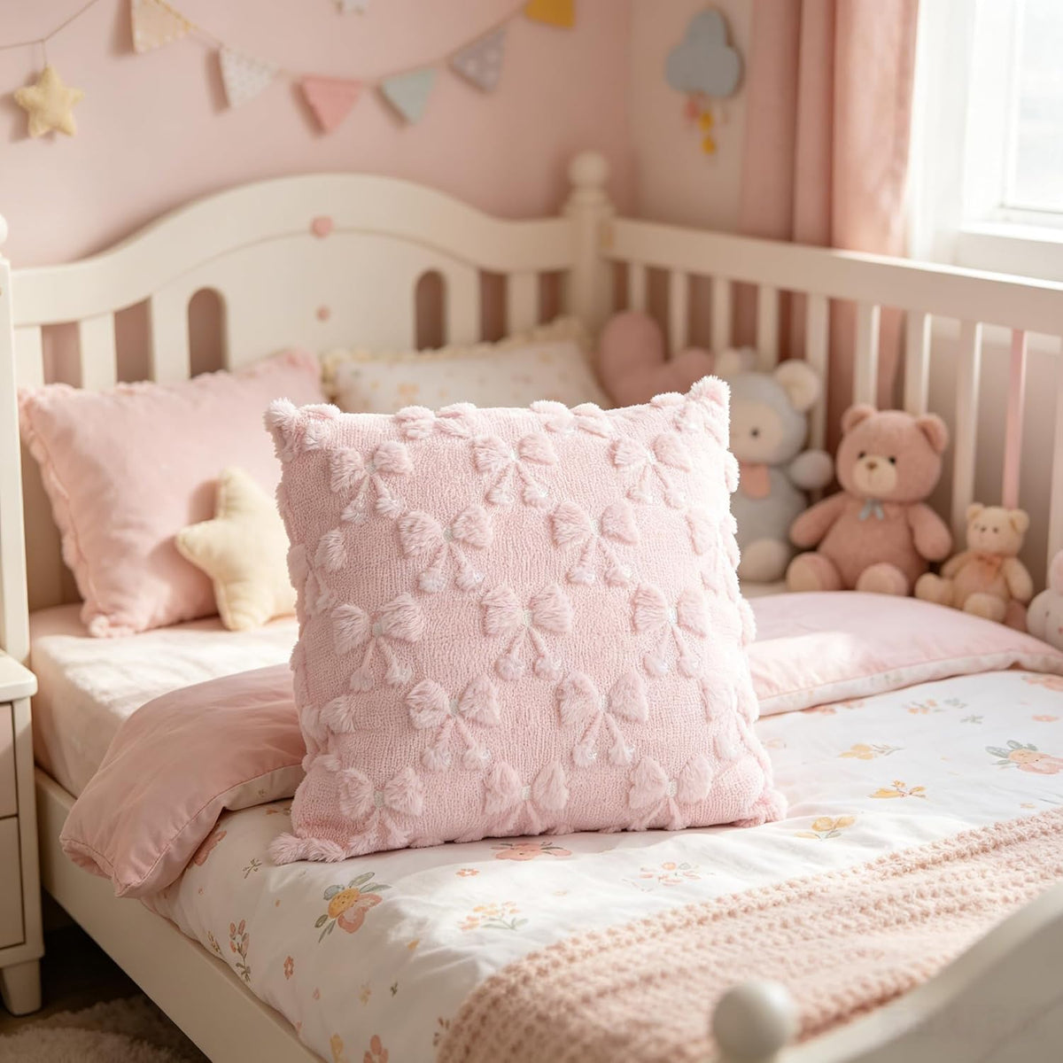 Pink Bow and Cherry Pillow Covers Set of 2, Soft Plush Faux Fur Jacquard 18x18 inch, Coquette Preppy Room Decor for Girls，Home Decorative Pillow Covers for Bedroom, Living Room (No Insert)