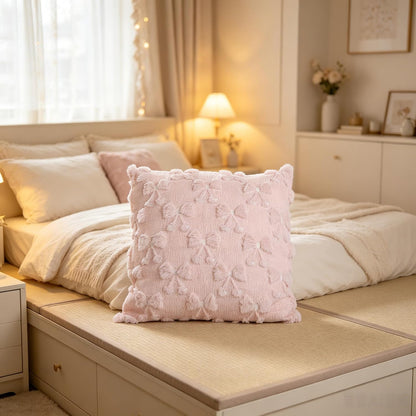 Pink Bow and Cherry Pillow Covers Set of 2, Soft Plush Faux Fur Jacquard 18x18 inch, Coquette Preppy Room Decor for Girls，Home Decorative Pillow Covers for Bedroom, Living Room (No Insert)