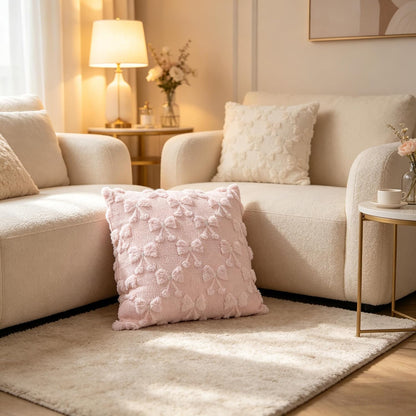 Pink Bow and Cherry Pillow Covers Set of 2, Soft Plush Faux Fur Jacquard 18x18 inch, Coquette Preppy Room Decor for Girls，Home Decorative Pillow Covers for Bedroom, Living Room (No Insert)