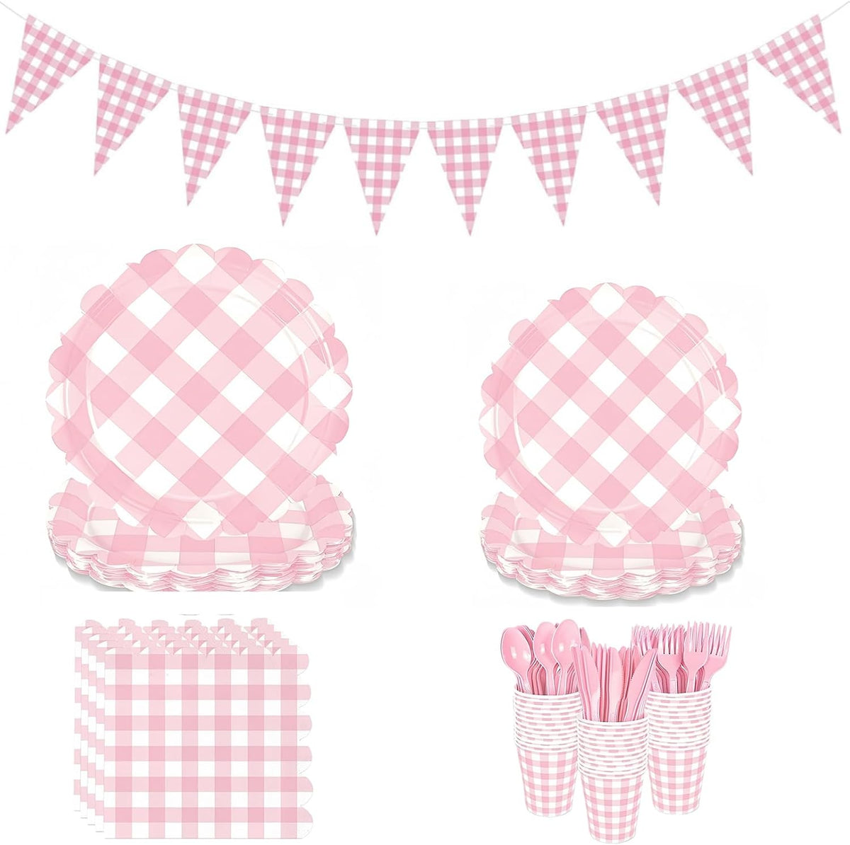 Pink Gingham Tea Party Disposable Tableware Set - 176-Piece Includes 9" & 7" Paper Plates, Cups, Napkins, Cutlery, Plus 1 Hanging Pennant Banner for Birthday, Baby Shower, Garden Party Decor
