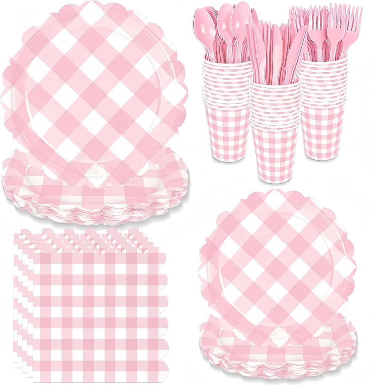 Pink Gingham Tea Party Disposable Tableware Set - 176-Piece Includes 9" & 7" Paper Plates, Cups, Napkins, Cutlery, Plus 1 Hanging Pennant Banner for Birthday, Baby Shower, Garden Party Decor